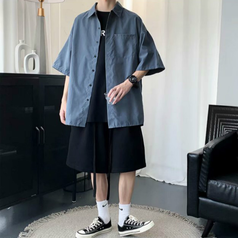 Áo Sơ Mi Trơn Tay Ngắn Dáng Rộng Thời Trang Dành Cho Nam Giới