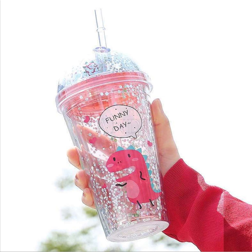 Ly Giữ Nhiệt Khủng Long 3D Kèm Ống Hút Kim Tuyến Nhiều Màu Sắc, Cốc Uống Nước Khủng long 3D 450ML