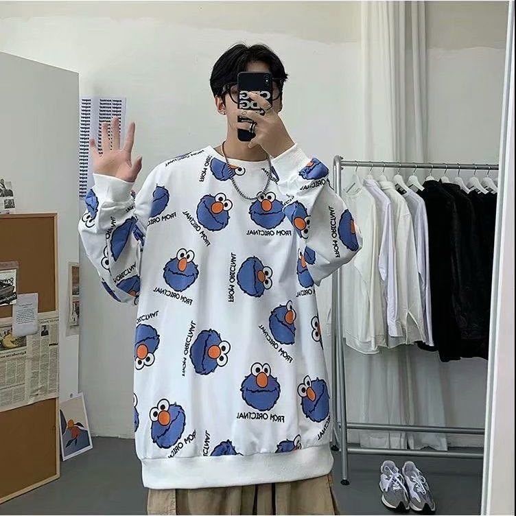 Áo Hoodie Nam Large Size Long-sleeved Sweater Boys Korean Loose Round Neck Thin Hip-hop Cartoon Print Tops | BigBuy360 - bigbuy360.vn