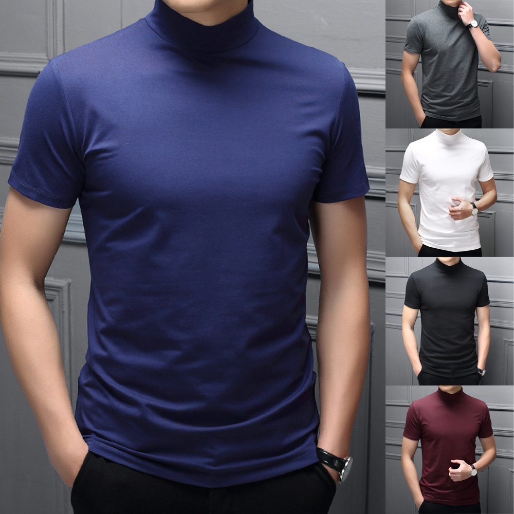GORGEOUS~Men Mock Neck Basic Plain Blouse T-shirt Pullover Short Sleeve Top Bottoming Top