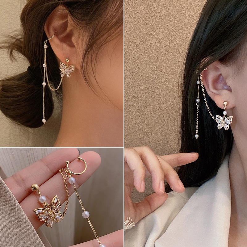 Bông Tai Dáng Dài Hình Bướm Đính Ngọc Trai Phối Dây Xích Tua Rua Kiểu Hàn Quốc Thời Trang Cho Nữ