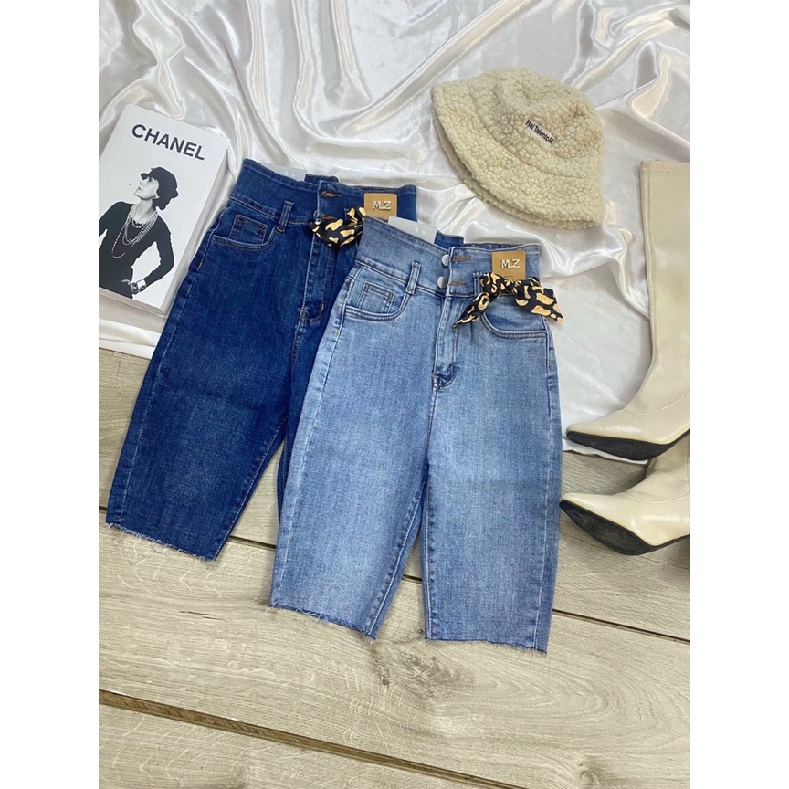 [ NƠ MZ ] QUẦN JEANS NGỐ GIÃN LỬNG NỮ LƯNG CAO 2 NÚT MẠC DA MZ PHỐI NƠ LAI TUA MÀU XANH NHẠT XANH ĐẬM CO GIÃN CAO CẤP