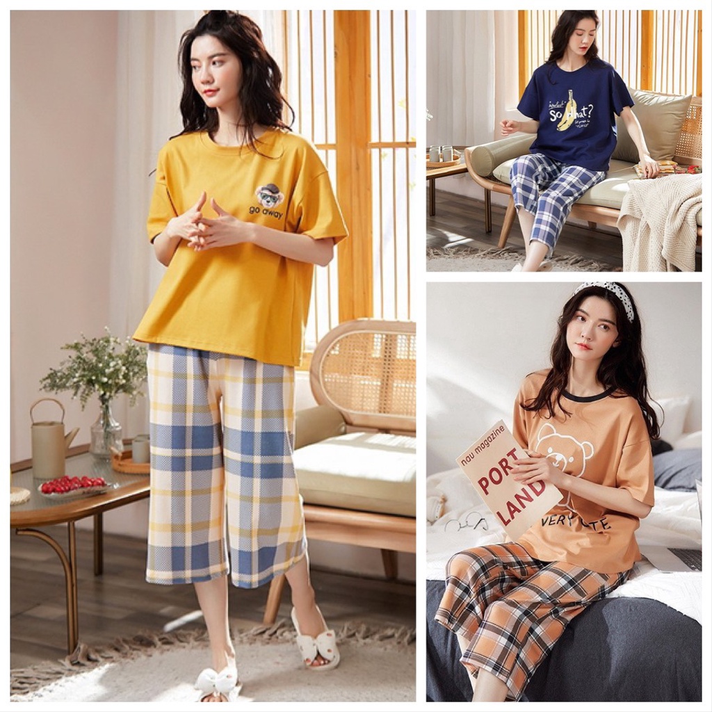 Đồ bộ mặc nhà nữ cotton dáng lửng quần caro trẻ trung
