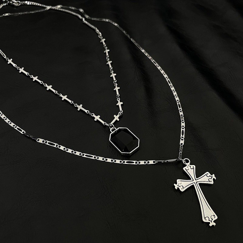 Vòng cổ mặt kim cương đen chữ thập 191099 nhiều lớp dây phong cách hip hop đường phố cá tính