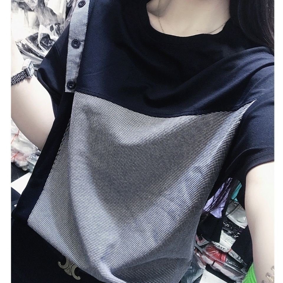 Áo Thun Đen Tay Ngắn Dáng Rộng Chất Liệu Polyester Thời Trang Mùa Hè Phong Cách Hàn Quốc Cho Nữ
