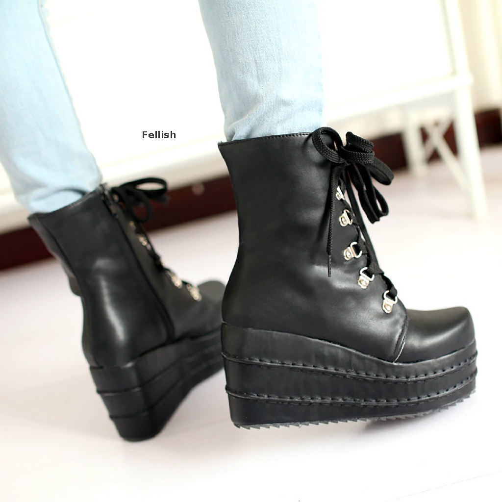 [Fellish] Womens Chunky Platform Wedge Boots Punk Goth Combat Ankle Booties 436VN