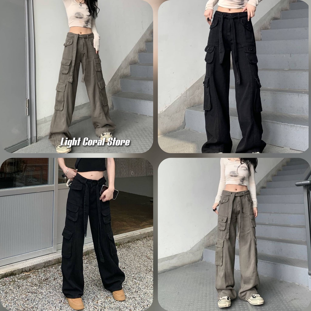(ORDER) Quần kaki nữ ống rộng suông dài lưng cao túi hộp kèm belt vải tone màu đen và xanh rêu xám có size