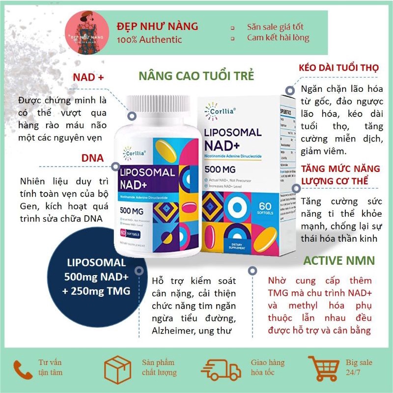 Viên NMN Corllia Liposomal NAD + 500mg Chống Lão Hóa, Sửa Chữa Tế Bào Dạng Active Nicotinamide Mononucleotide