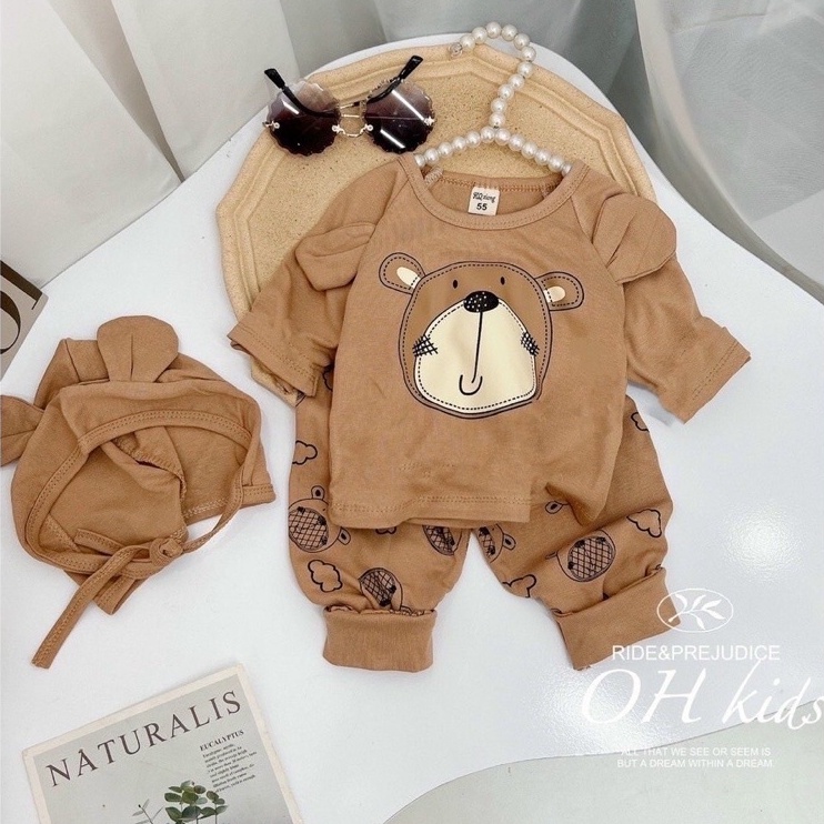 Bộ thu đông dài tay cho bé hình in gấu có 2 tai siêu dễ thương cho bé 7-21 kg