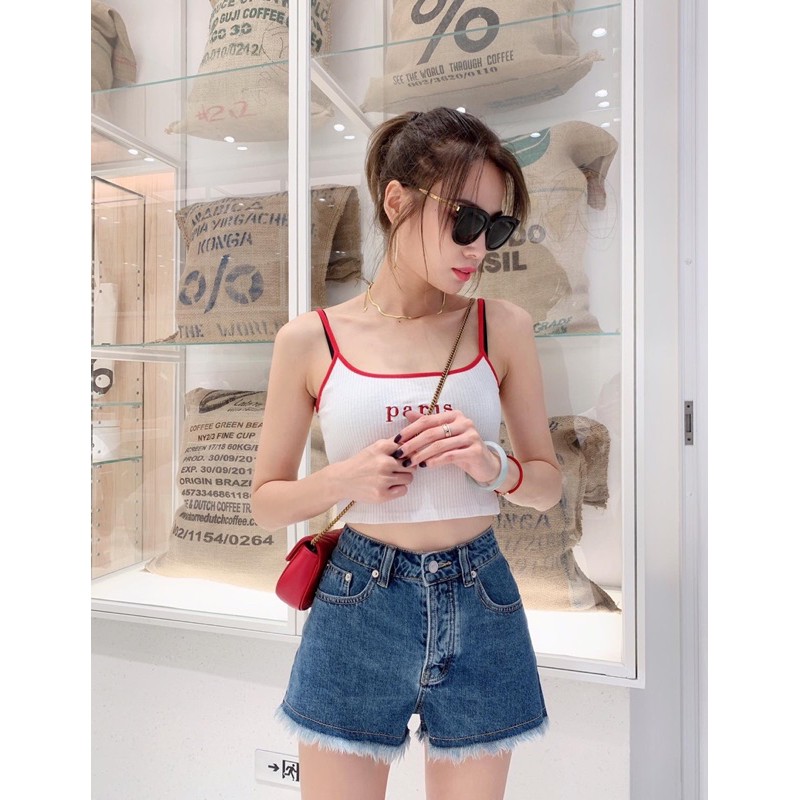 Quần shorts jeans nữ cạp cao ống tua rua thương hiệu Balenciaga GG Dior