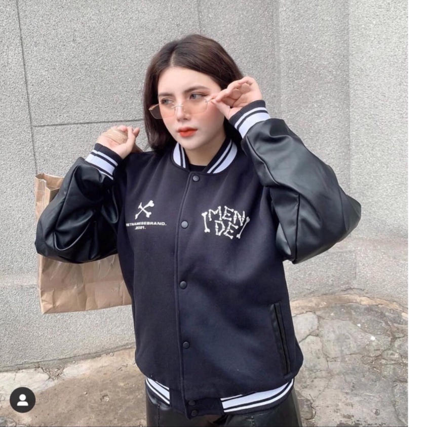 Áo Khoác gió bomber Nữ phối tay da hình đầu lâu , Áo Bomber Phối Tay 1 Lớp Siêu Dày Dặn Hàng Loại 1-Freesize