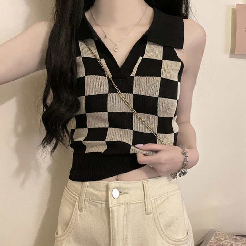 Áo Croptop Dệt Kim Không Tay Cổ Chữ V Họa Tiết Ca Rô Vintage Cho Nữ