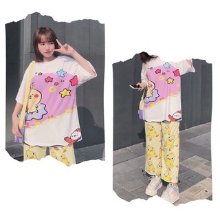 Set Bộ Hoạt Hình Áo Thỏ Hồng Trắng Mix Quần Short / Quần Dài In Hình Gà Vàng Unisex