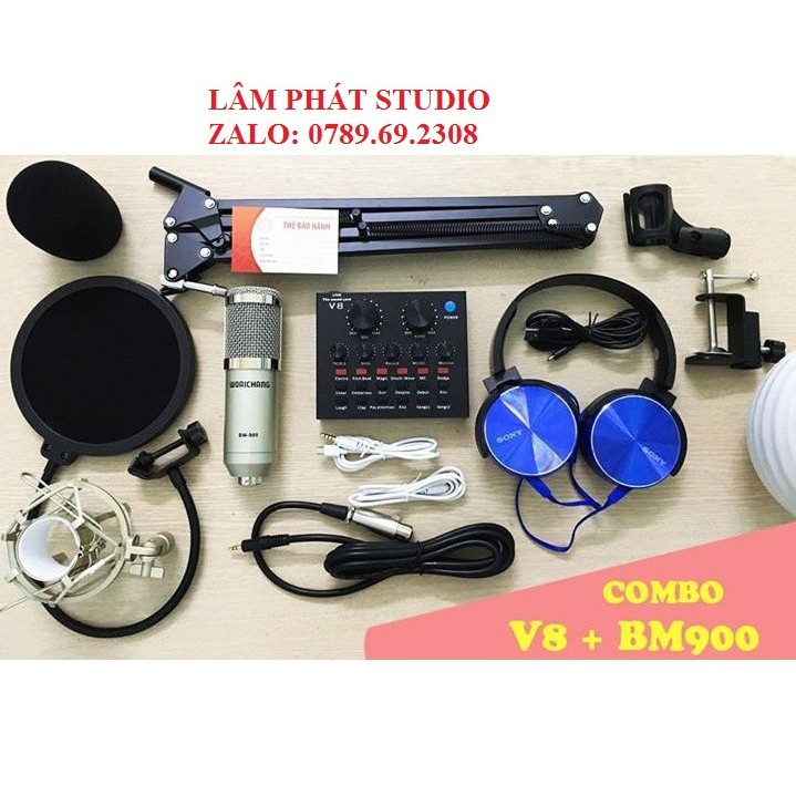 Trọn bộ Sound Card V8 + Micro BM900 (thu âm, Livestream)