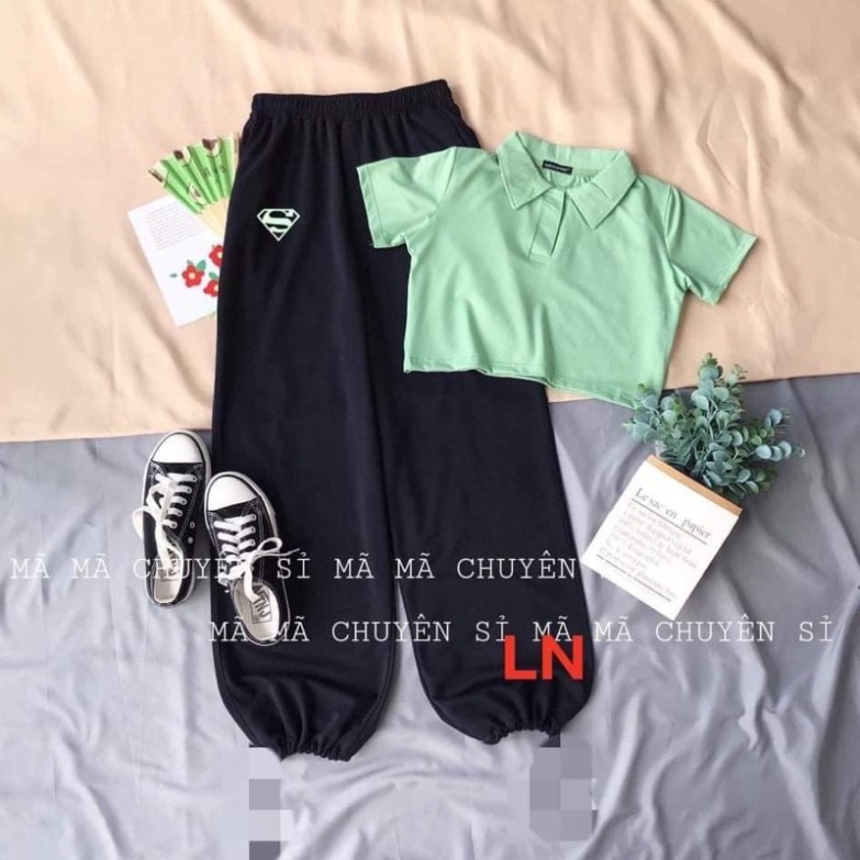 Sét áo croptop polo + quần bom lô gô LN0621