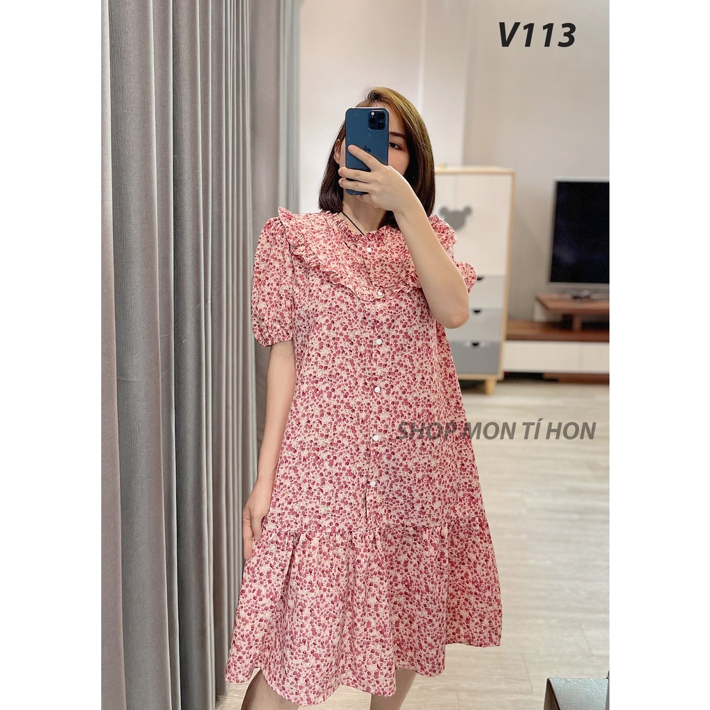 Váy bầu cộc tay cổ bèo V113 | Đầm bầu mùa hè Vải Lụa Hàn Châu Mát Không nhăn - Đủ size S/M/L/XL