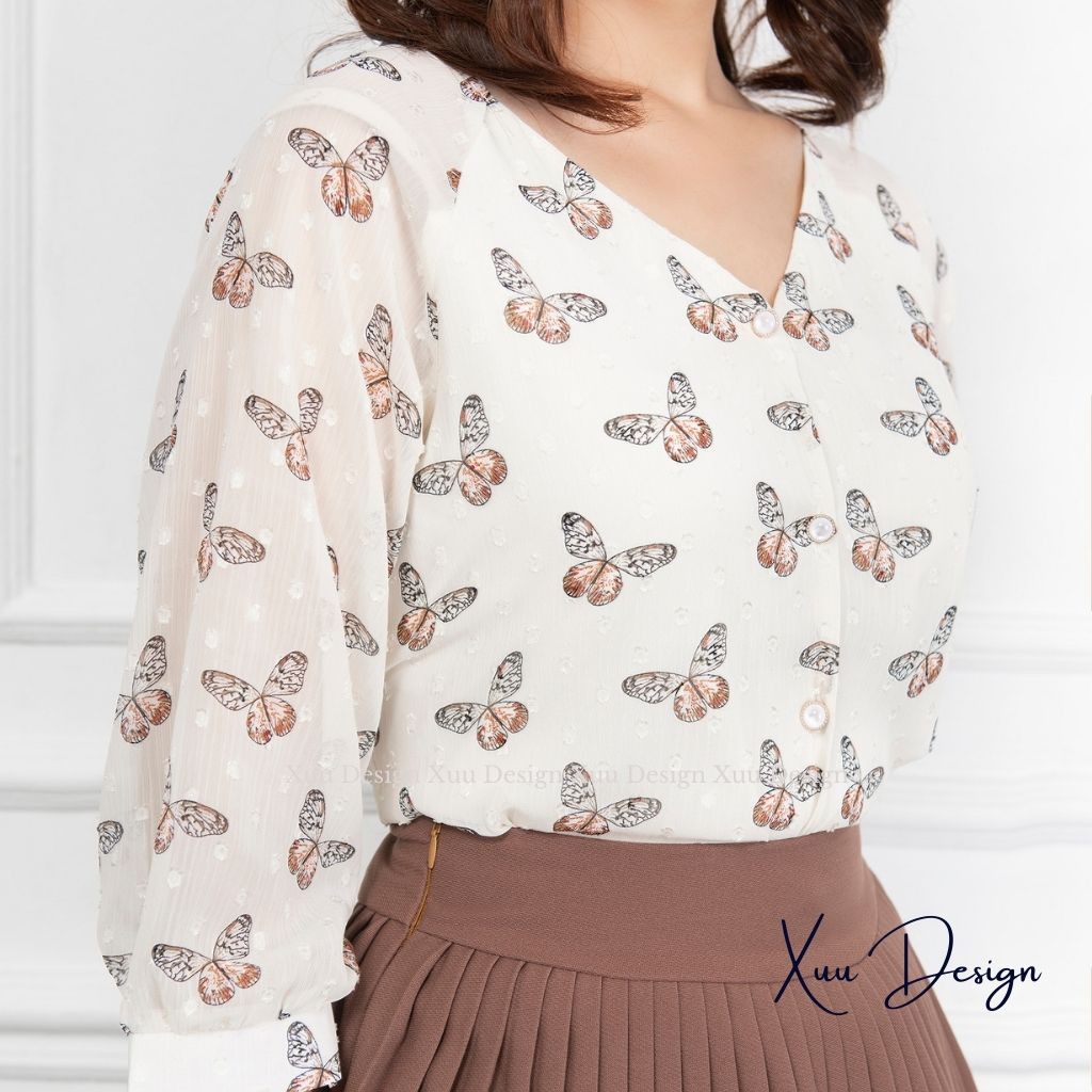 Áo sơ mi nữ cổ V Xuu Design Áo kiểu tay lỡ họa tiết TK21.84