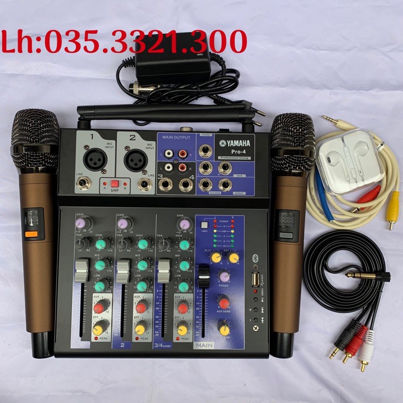 Bàn Mixer Kèm 2 Mic Không Dây PRO-4 Hát Karaoke Gia Đinh Và Thu Âm Cực chất bh 1 n