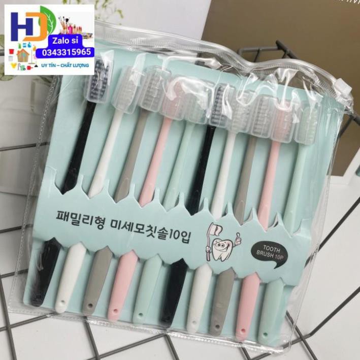 Set 10 Bàn Chải Đánh Răng Hàn Quốc Có Nắp Tặng Kèm Túi Zip Kháng Khuẩn