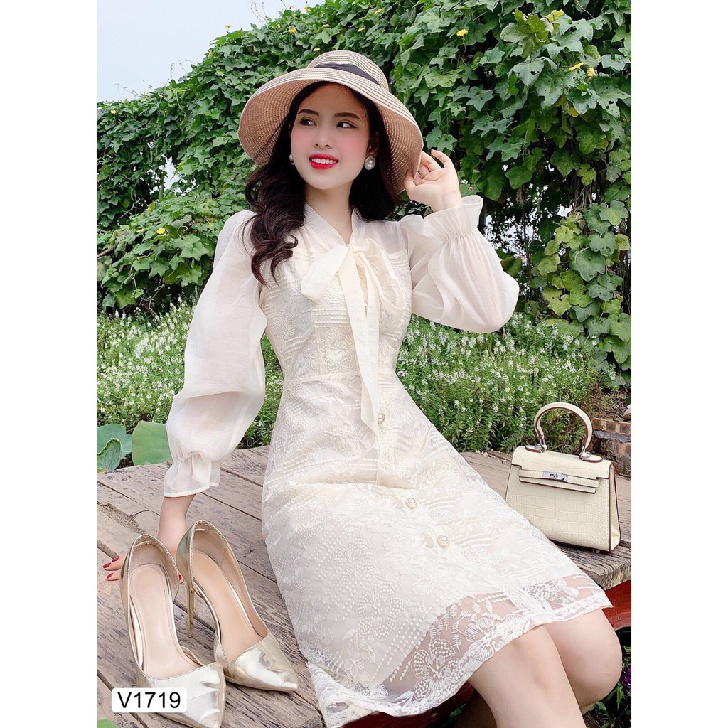 Váy ren xòe be nơ cổ V1719 - DVC Dolce Viva Colection Authentic ( Ảnh mẫu và ảnh trải sàn do shop tự chụp ) | BigBuy360 - bigbuy360.vn