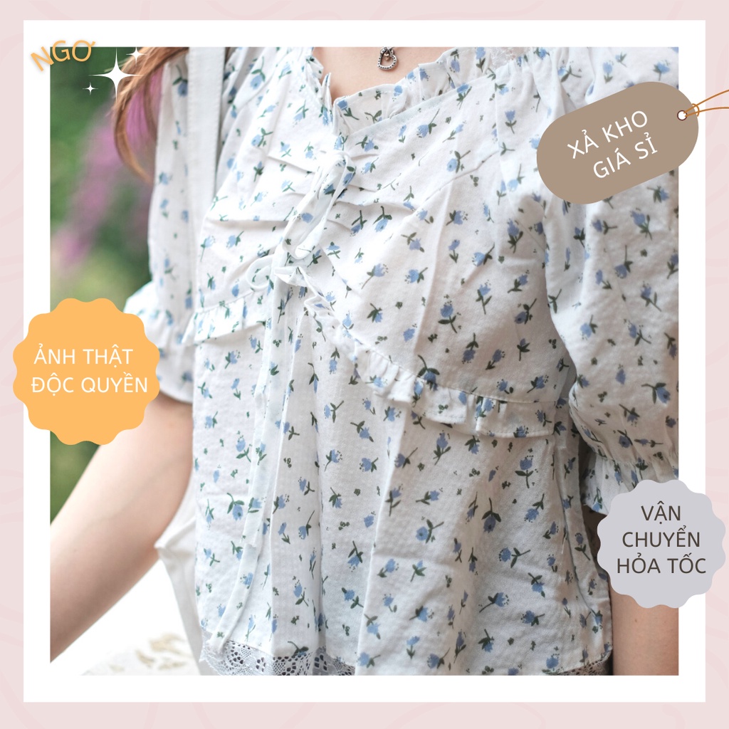 Áo kiểu nữ hoa nhí vải thô mềm cổ viền ren nơ ngực siêu xinh phong cách Ulzzang