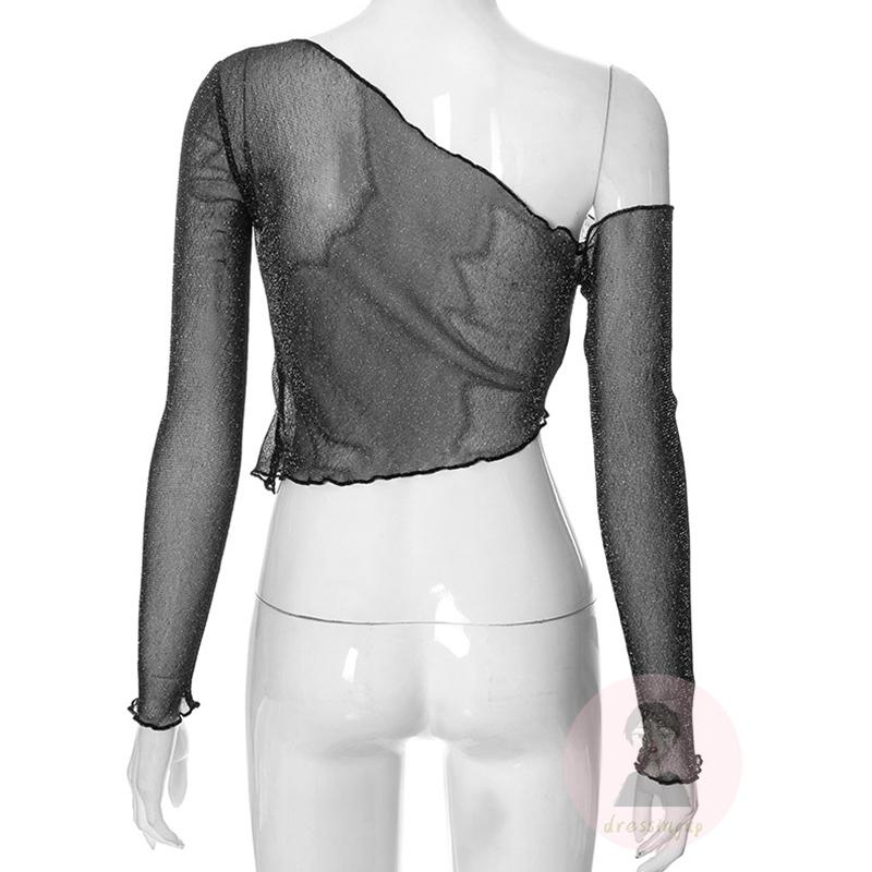 Áo Thun Dài Tay Một Vai Phối Lưới Mỏng Lấp Lánh Thời Trang Cho Nữ