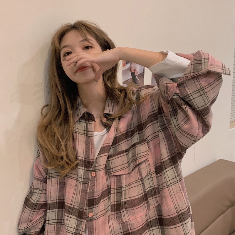 Áo sơ mi SUXI cho nữ dài tay họa tiết ca rô thời trang Hàn Quốc