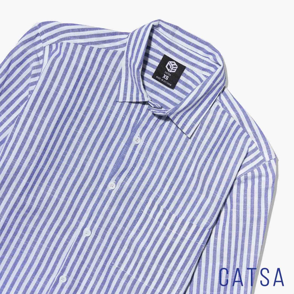 Áo sơ mi nam form rộng sọc xanh trắng unisex đi làm Oversize tay dài hàn quốc CATSA ASC346