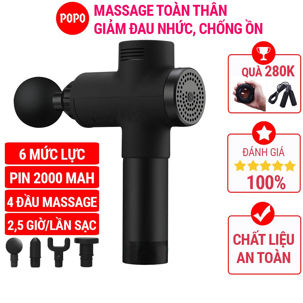 Máy Mát Xa Cầm Tay, dạng súng massage cầm tay Facial Gun đa năng có 4 đầu massage giảm đau POPO