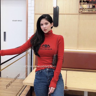 Áo thun ôm body cổ lọ tay dài in chữ ba len cực hot