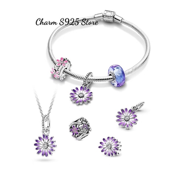 combo dây chuyền + 1 mặt dây charm pan hoa cúc tím bạc s925 cao cấp
