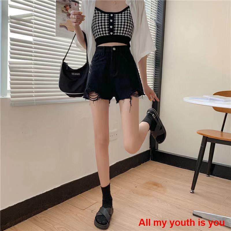 [Spot real shot 💕]quần soóc nữ   2021 new summer black ripped denim shorts for female students with high waist, loose, wide-leg, raw edge a-line hot pants trend