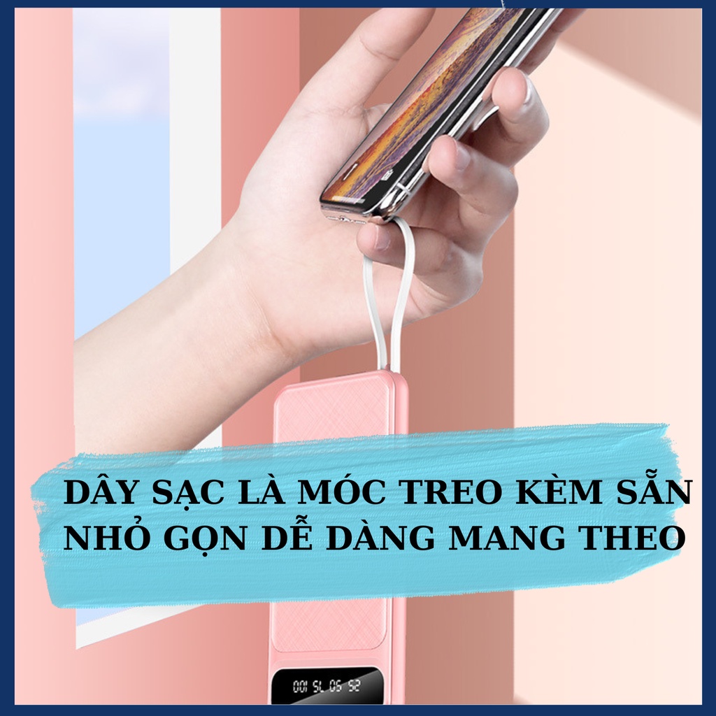 HỒNG PASTEL -Sạc dự phòng có màn hình LED Dung Lượng 10000mAh, kèm cáp 2IN1, sạc cùng lúc 3 thiết bị