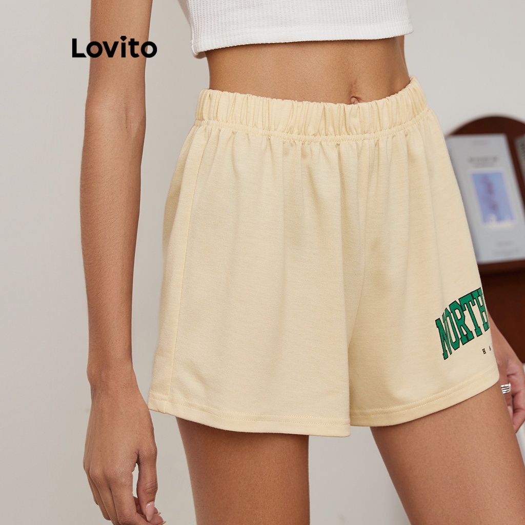 Quần short Lovito eo thun in chữ thường ngày L19D355 (Màu quả mơ)