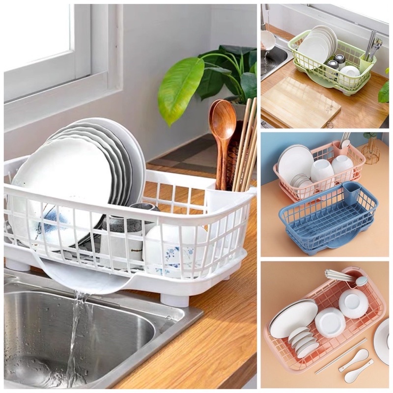 Khay Úp Chén Bát - Kệ Rổ Để Chén Dĩa Có Hũ Đựng Đũa, Muỗng Và Khay Hứng Nước