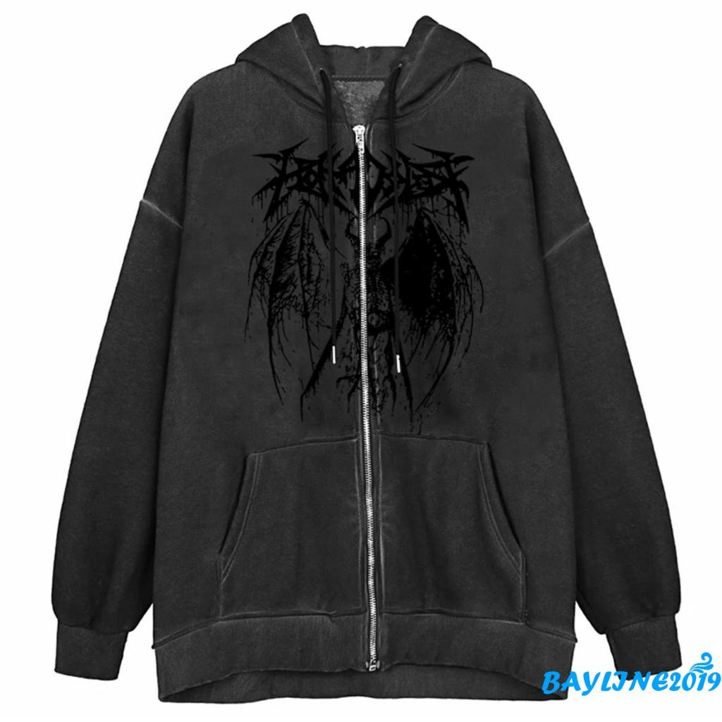 Áo Hoodie Tay Dài Dáng Rộng In Họa Tiết Ác Quỷ Phối Dây Rút Cá Tính Cho Nữ