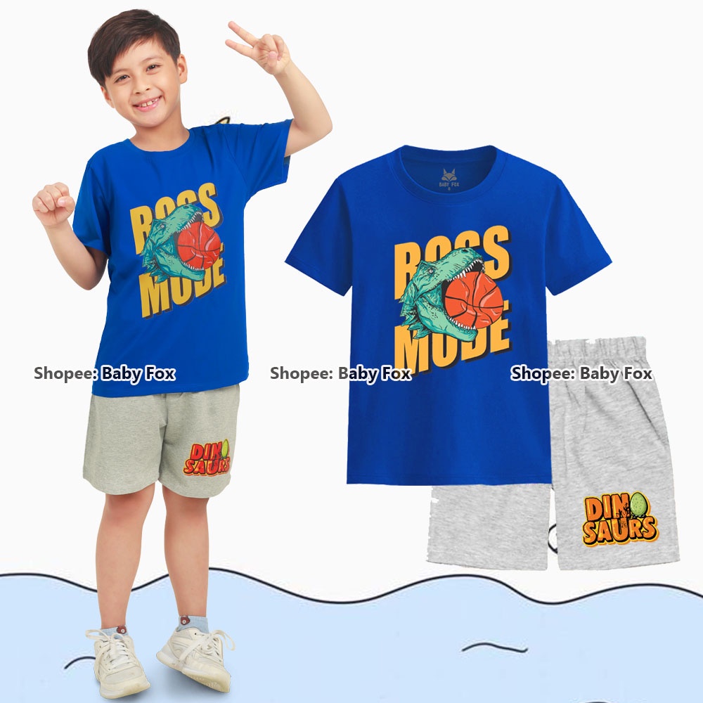 Bộ thun bé trai 100% cotton loại tốt, thương hiệu BABY FOX, hình khủng long T-rex, size nhỏ, trung, đại b