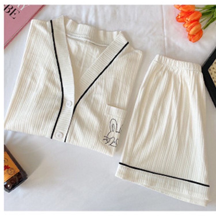 Bộ ngủ nữ, Đồ bộ nữ mặc nhà dễ thương hoạt hình pyjama tay cộc quần cộc mùa hè chất đũi xếp BNN004