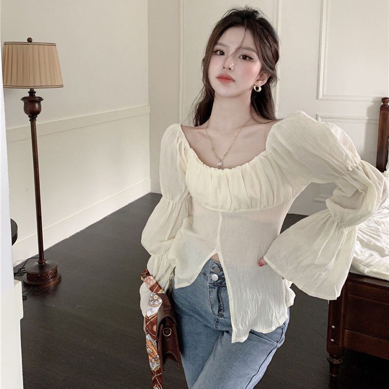 Áo Kiểu Pháp Cổ Vuông Tay Dài Loe Xếp Ly Thời Trang Mùa Thu Hàng Mới 2023