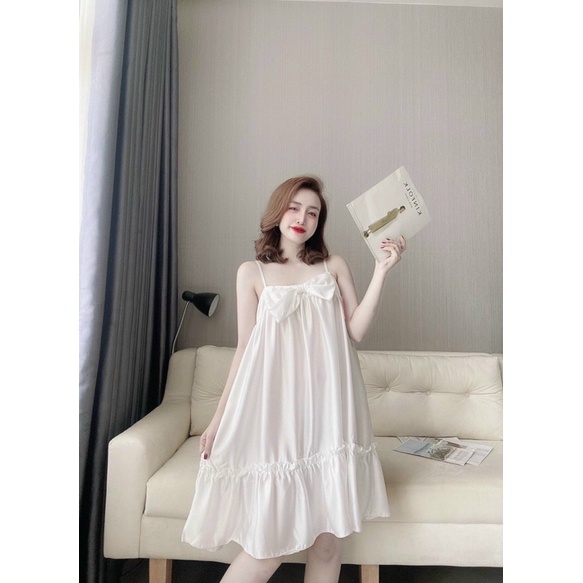 Váy đầm ngủ, đầm lụa 2 dây mặc nhà kèm quần