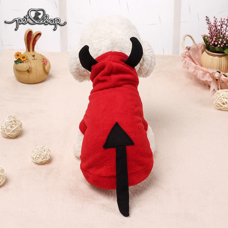 Áo cho thú cưng hình quỷ đỏ. Áo khoác ấm cho chó mèo màu đỏ bấm cúc có mũ sừng dễ thương