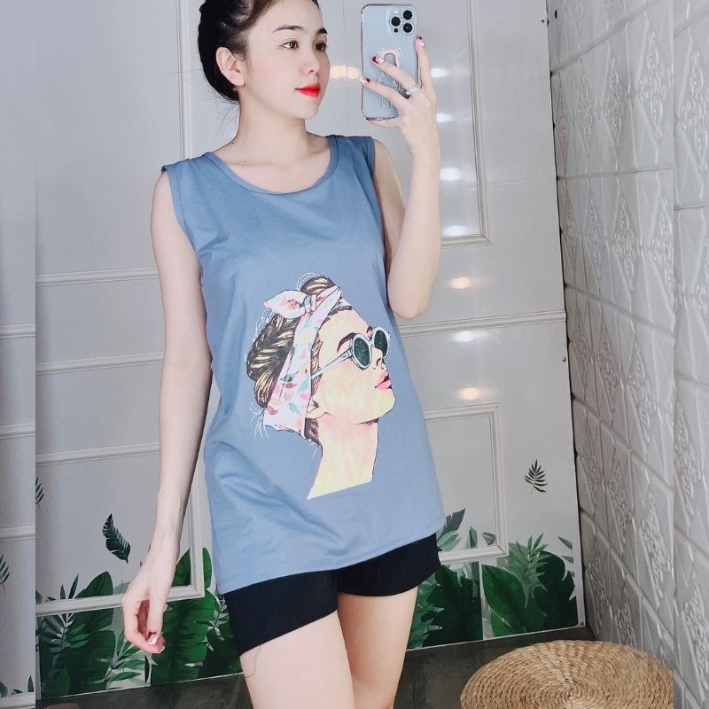 Đồ bộ mặc nhà ESHOP bigsize nữ quần đùi áo ba lỗ thun cotton thể thao mùa hè đẹp dễ thương đi chơi ngủ trung niên BD10