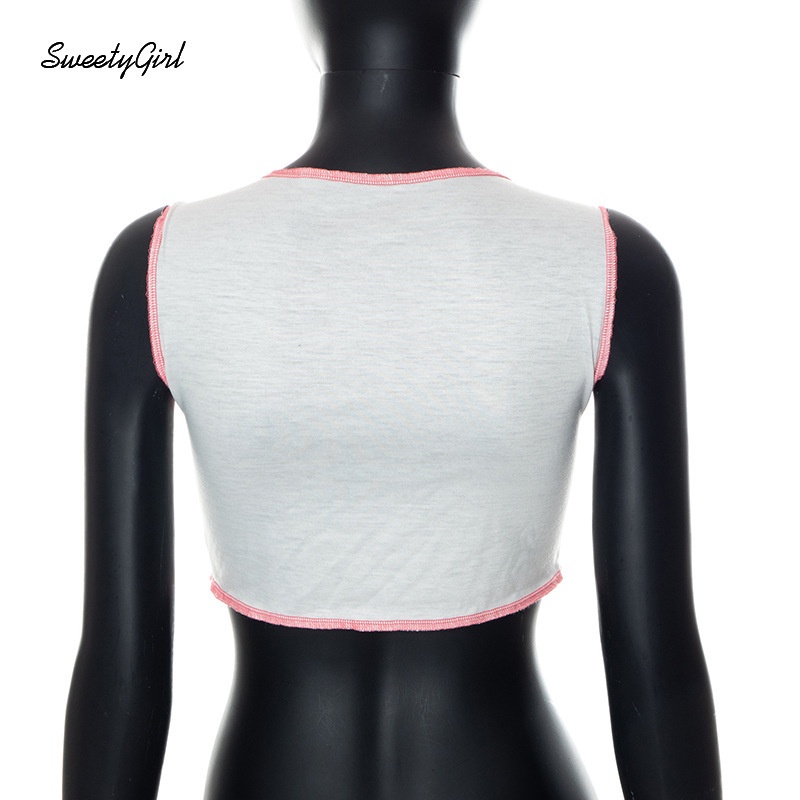 Áo Tank Top Cổ Tròn In Họa Tiết Hoạt Hình Phối Màu Tương Phản Xinh Xắn Cho Nữ