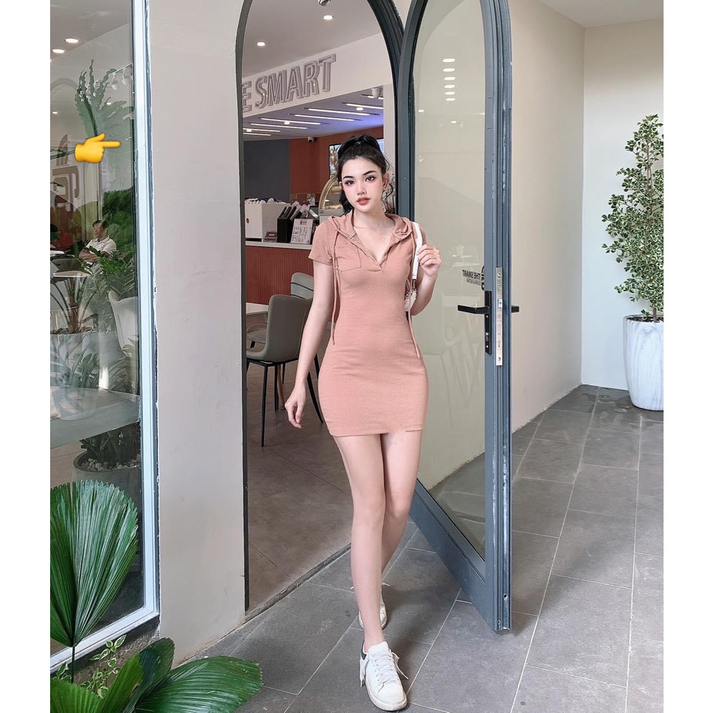 Đầm thun gân có nón tay ngắn ôm body trơn cực xinh