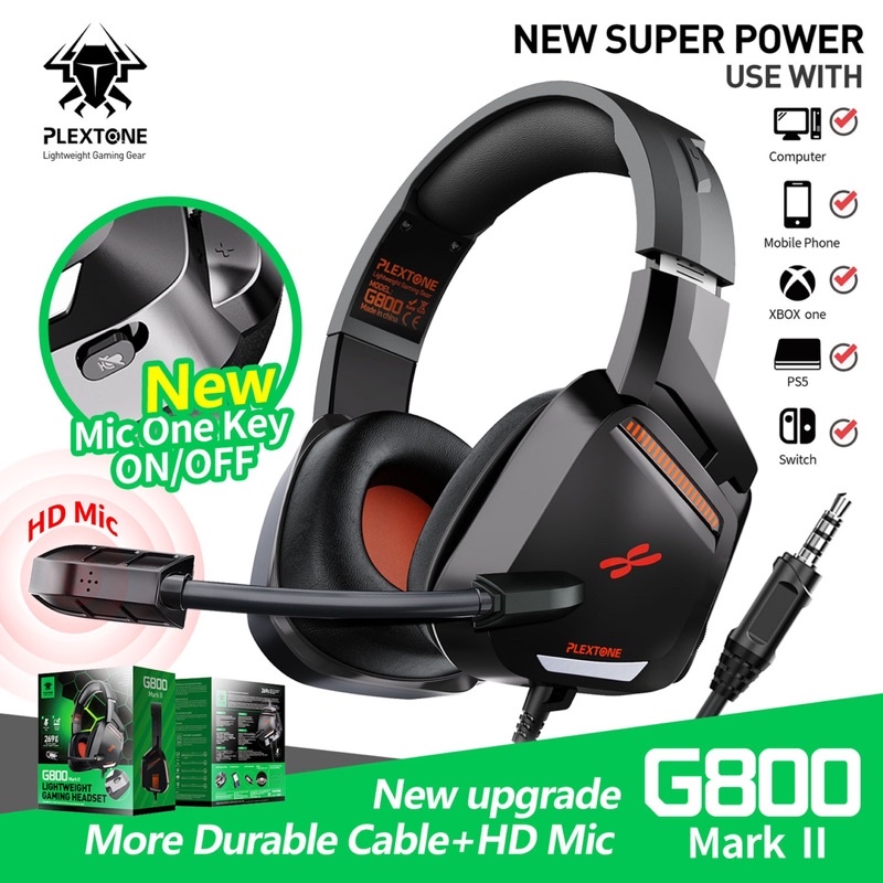 Tai nghe chụp tai Plextone G800 dây dù chống rối, Siêu nhẹ có mic rời, tương thích máy tính, điện thoại