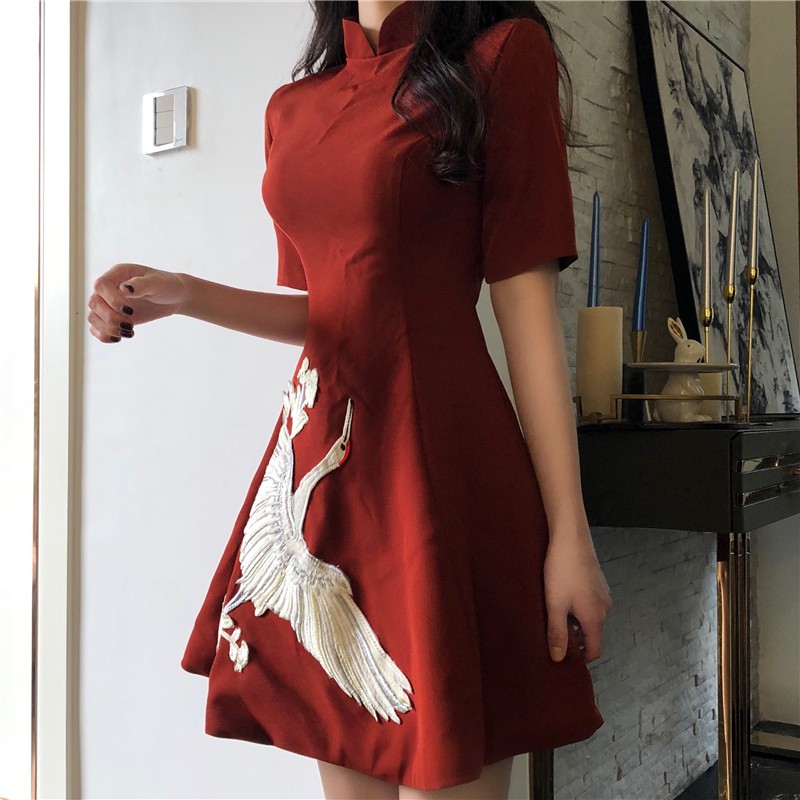 (Sẵn XL) Đầm xoè cổ tàu đính hạc (ảnh thật) | BigBuy360 - bigbuy360.vn