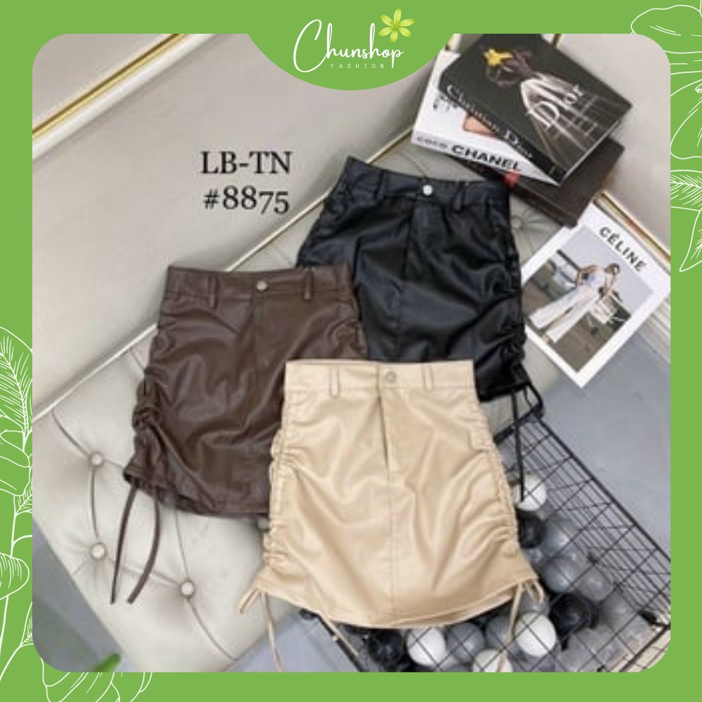 Chân váy ngắn nữ chất da mềm dây rút 2 bên cá tính màu đen nâu kem thời trang Chunshop 1993