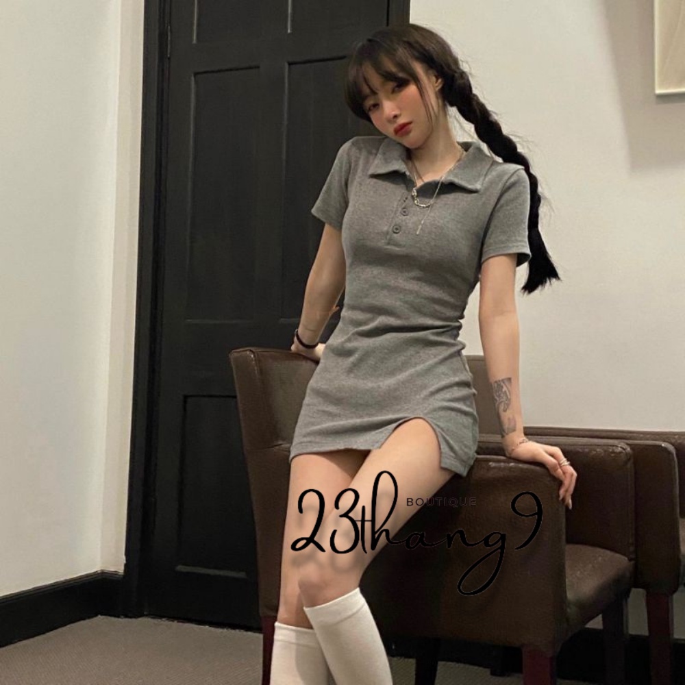 Đầm body váy cổ bẻ polo xẻ trước 23thang9 chất thun gân tăm cao cấp váy ôm sexy nữ thiết kế đi dự tiệc đi phố 23thang9