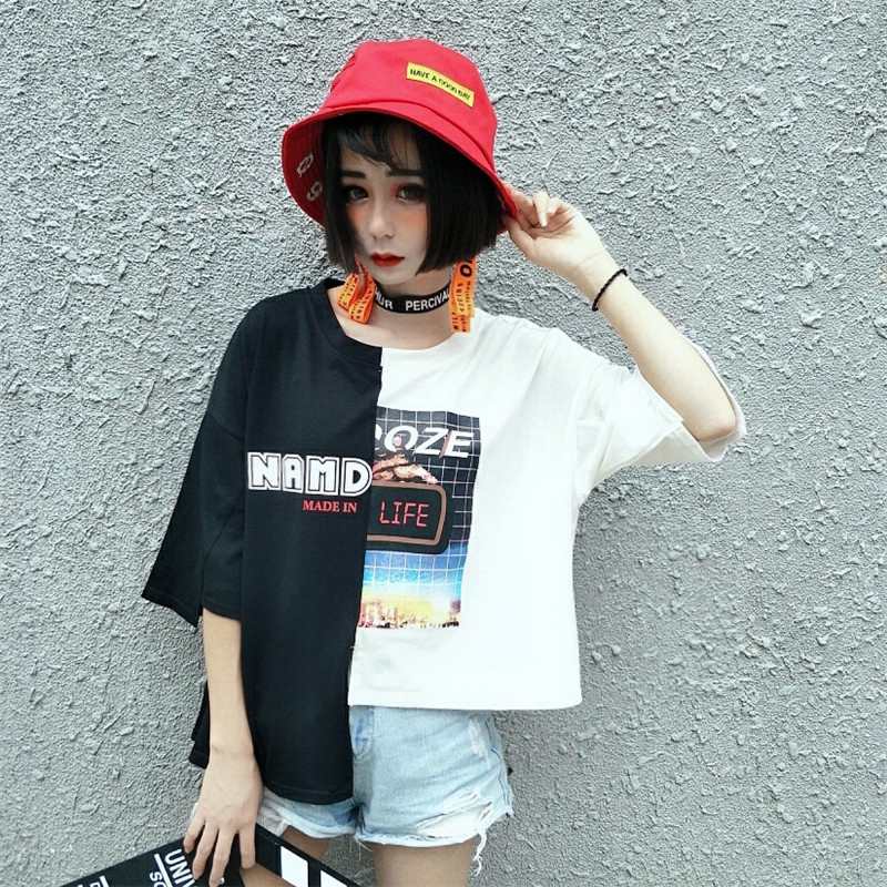 SUXI Áo thun ngắn tay in hình phong cách Hàn Quốc