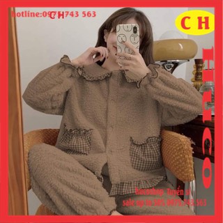 BỘ LÔNG TÚI KẺ nữ bánh Bèo siêu ấm, bộ mặc nhà freesize❤ đồ ngủ mùa đông giữ nhiệt tốt, nhung bông mềm mịn freesize
